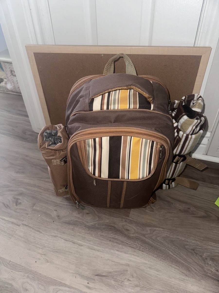 Brown Striped Picnic Backpack for 4 with Complete Utensil & Dinnerware Set, Blanket Included