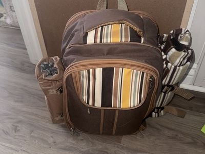 Brown Striped Picnic Backpack for 4 with Complete Utensil & Dinnerware Set, Blanket Included