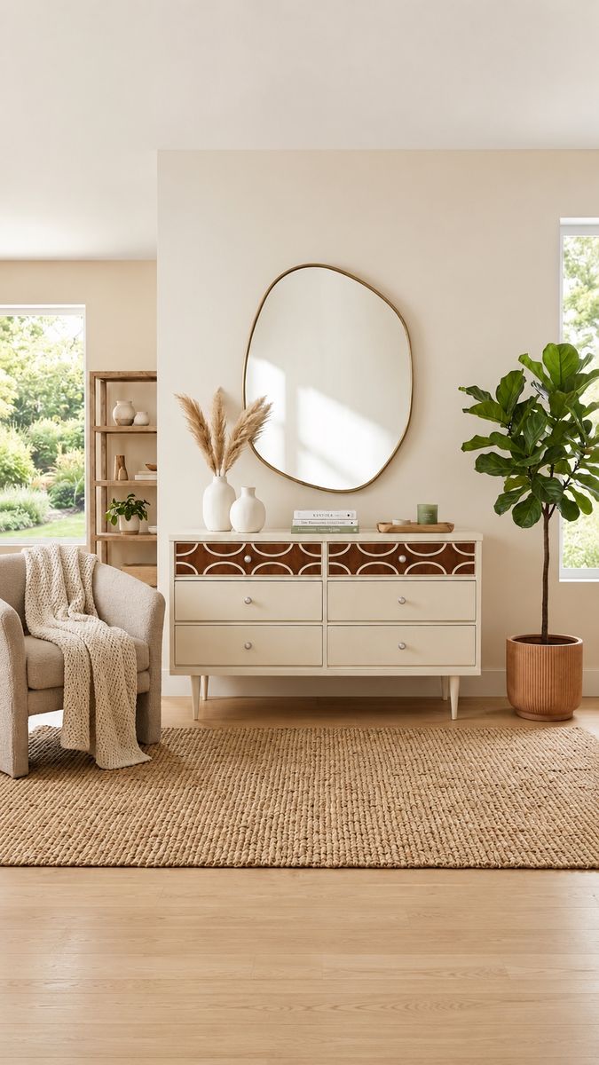 Vintage Mid Century 6-Drawer Walnut Ivory Crackle Cerused Dresser Credenza w/Sculptural Facade by Bassett