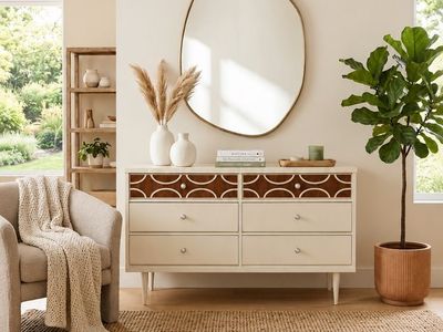 Vintage Mid Century 6-Drawer Walnut Ivory Crackle Cerused Dresser Credenza w/Sculptural Facade by Bassett