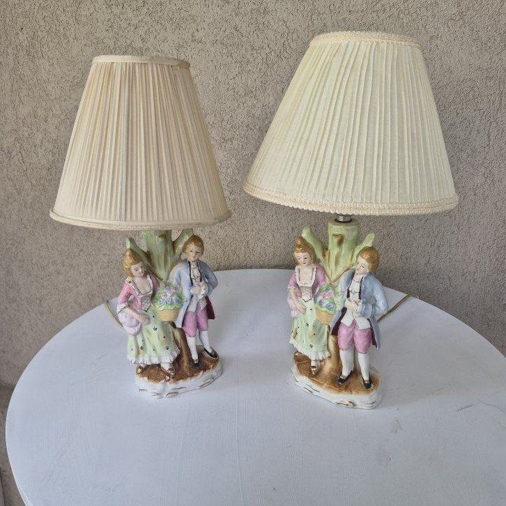 Porcelain Courting Couple Lamps - Pair of Figurine Table Lamps with Shades