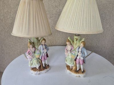 Porcelain Courting Couple Lamps - Pair of Figurine Table Lamps with Shades