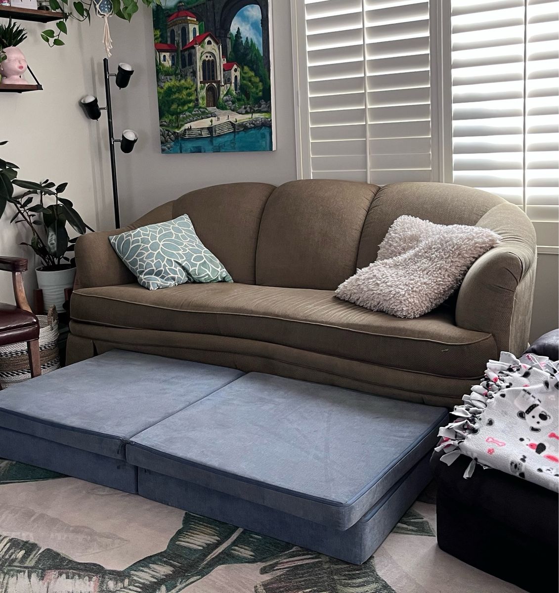 Curved Fabric Sofa Couch - Taupe / Olive Grey Three Seater