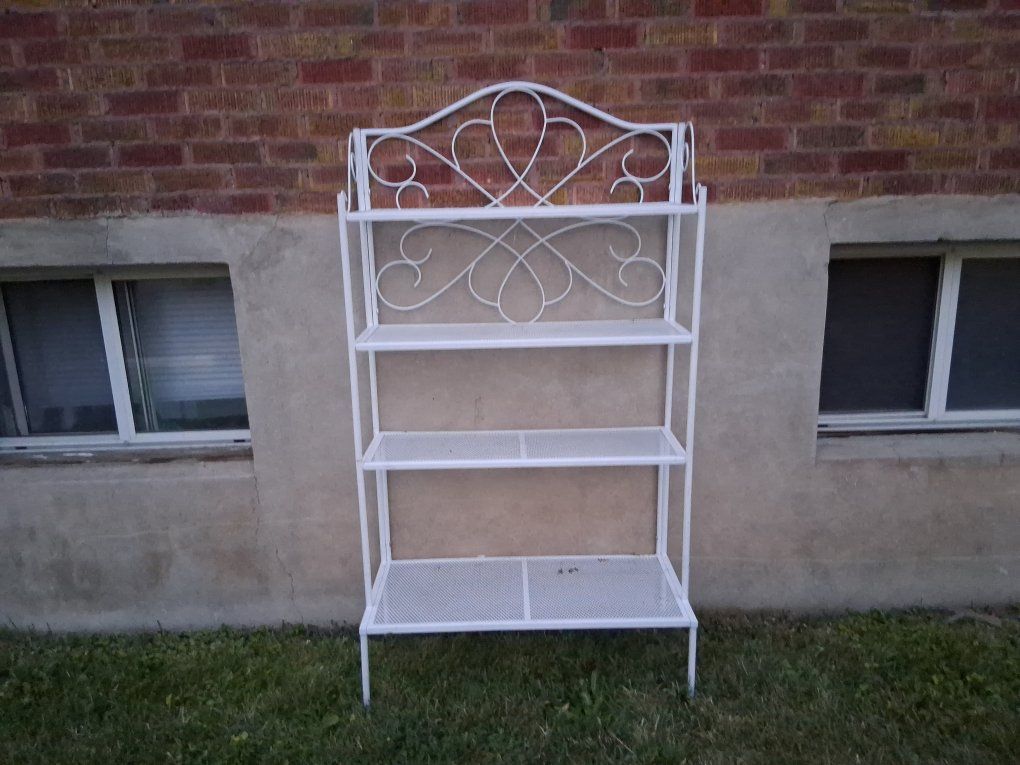 Vintage White Wrought Iron Baker's Rack - 4-Tier Metal Scrollwork Shelf Unit for Patio/Garden