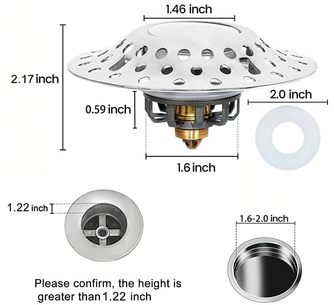 Universal Kitchen Sink Drain Strainer, Stainless Steel Basket Filter with Stopper, 1.6-2.0 inch