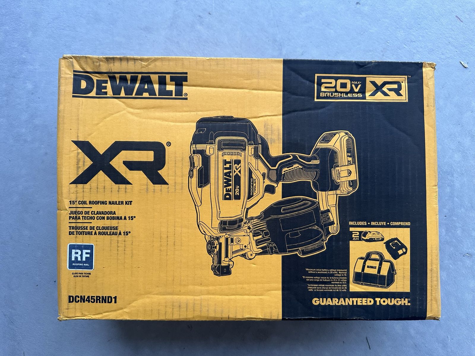 DEWALT DCN45RND1 20V XR Brushless 15° Coil Roofing Nailer Kit with Battery, Charger, Bag