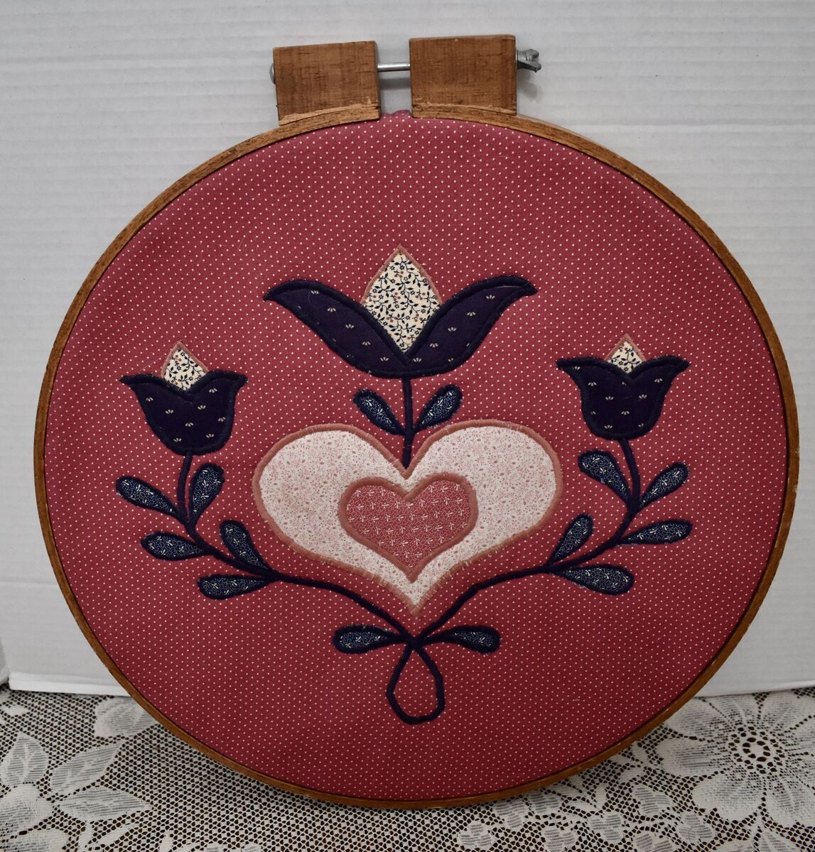 Vintage Handmade Fabric Applique Floral / Heart Design In A Hoop For Fun Wall Decor