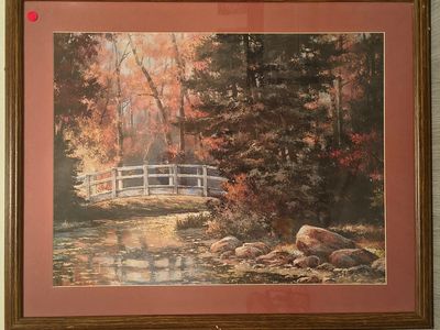 Framed Landscape Wall Art Print Autumn Bridge Scene