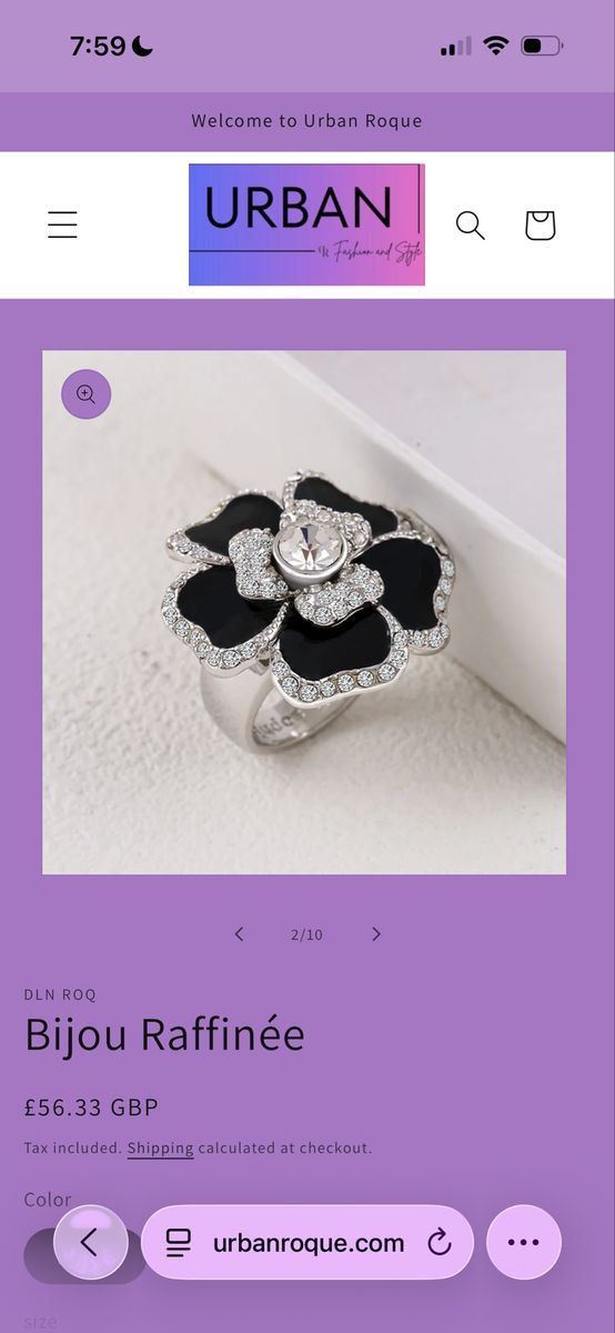 Urban Roque Bijou Raffinée Silver Tone Black Enamel Crystal Flower Ring