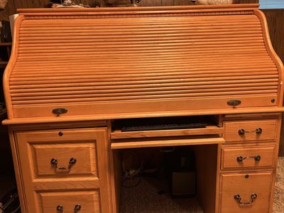 Solid Oak Roll-Top Desk - Large, Classic Design, Excellent Condition, Keyboard Tray