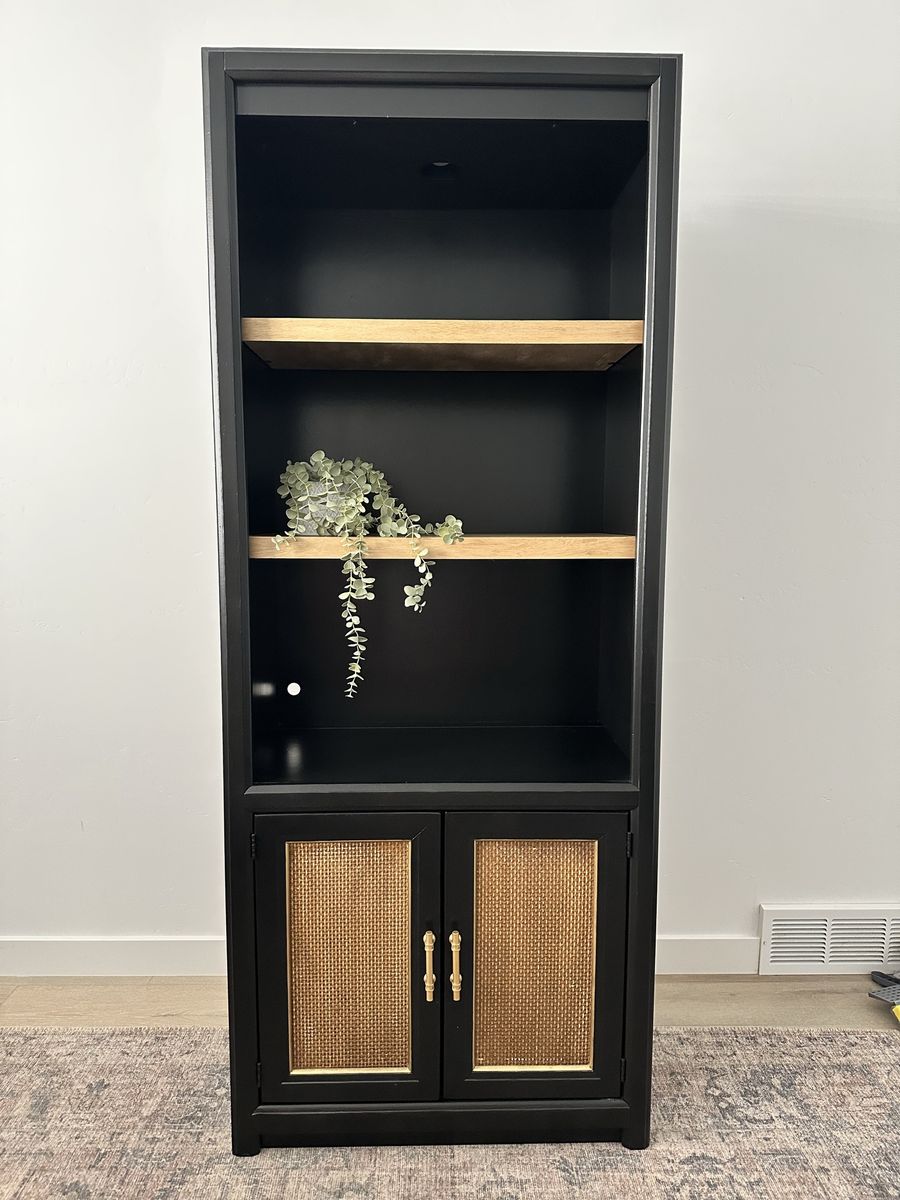 Black Hutch with Rattan Doors and Built-in Overhead Light