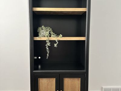 Black Hutch with Rattan Doors and Built-in Overhead Light