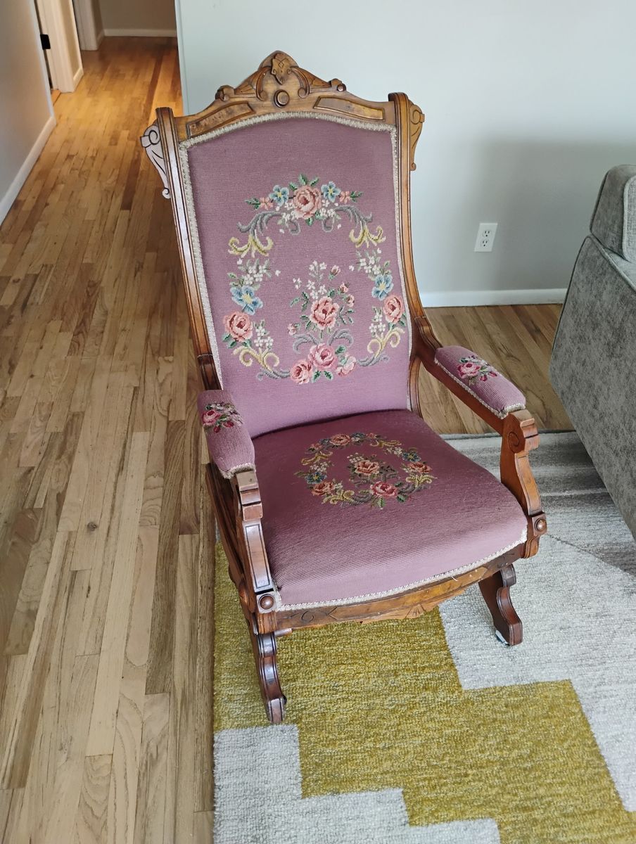Granny chic Eastlake-style antique needlepoint pink carved wood rocking chair