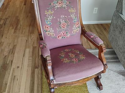 Granny chic Eastlake-style antique needlepoint pink carved wood rocking chair