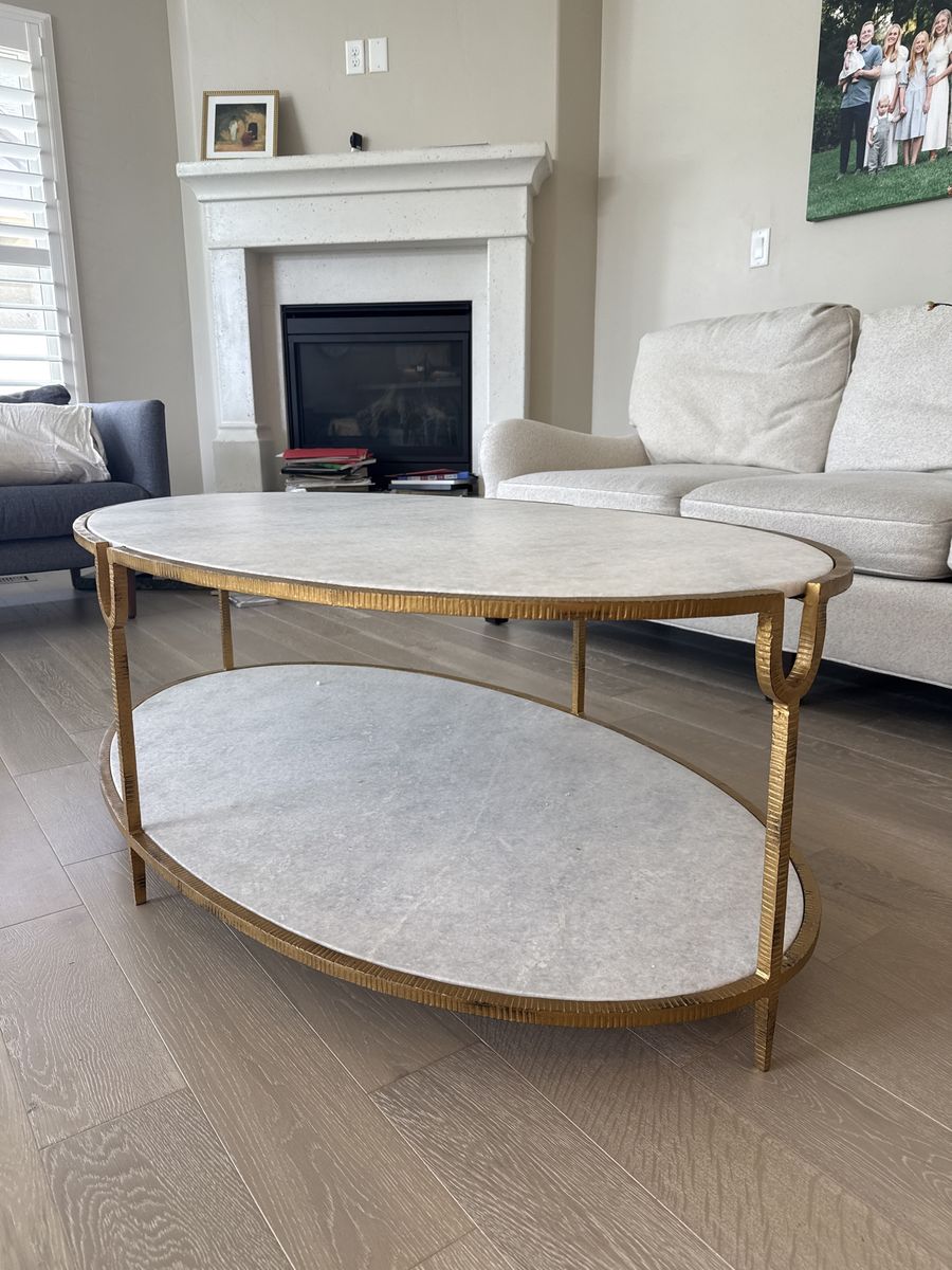Gold & White Oval 2-Tier Coffee Table, Marble Top, Modern Design