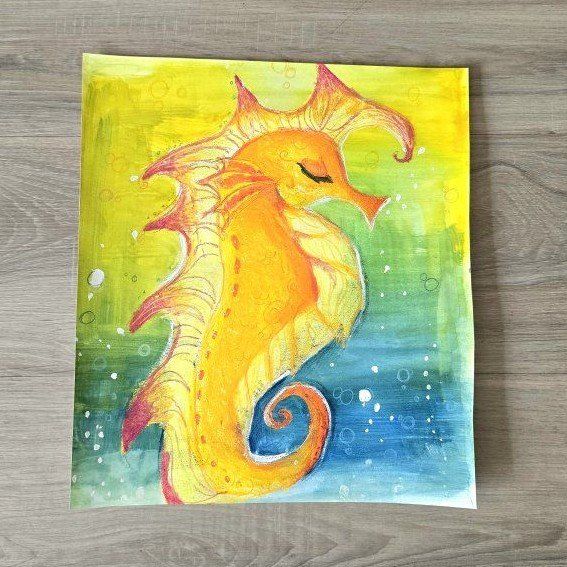 Handmade Seahorse Watercolor and Mixed Media Art Piece