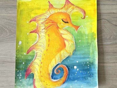 Handmade Seahorse Watercolor and Mixed Media Art Piece