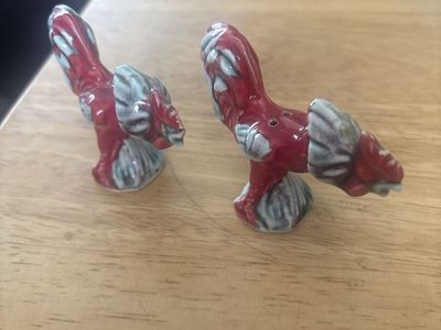 Vintage Ceramic Rooster Salt and Pepper Shakers - Red and Gray Decorative Set