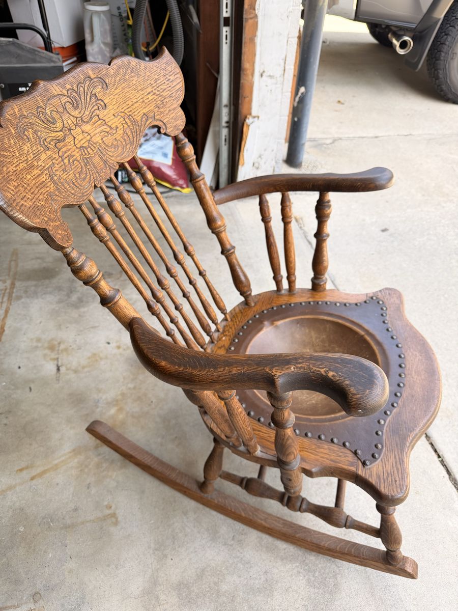 Vintage Antique Carved Oak Rocking Chair with Leather Seat and Brass Tacks