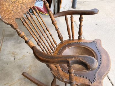 Vintage Antique Carved Oak Rocking Chair with Leather Seat and Brass Tacks