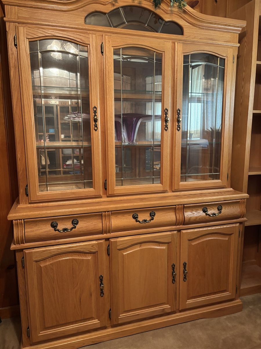 Oak Wood Display China Cabinet Hutch with Glass Doors & Storage Drawers