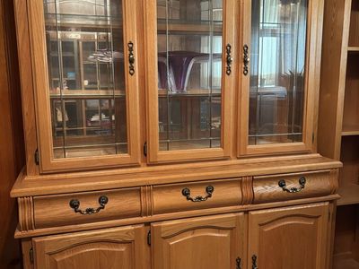 Oak Wood Display China Cabinet Hutch with Glass Doors & Storage Drawers