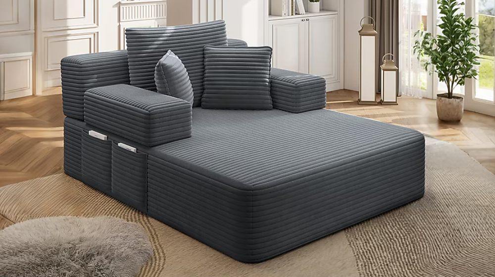 2-in-1 Convertible Sofa Bed Chaise Lounge -Comfy Corduroy Sofa Bed with 3 Pillows and Storage Pocket for Living Room (Dark Gray)