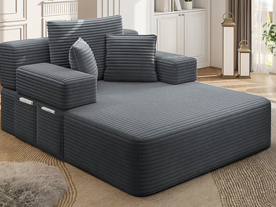 2-in-1 Convertible Sofa Bed Chaise Lounge -Comfy Corduroy Sofa Bed with 3 Pillows and Storage Pocket for Living Room (Dark Gray)