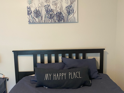 Queen bed frame, mattress and box spring, bedding included.