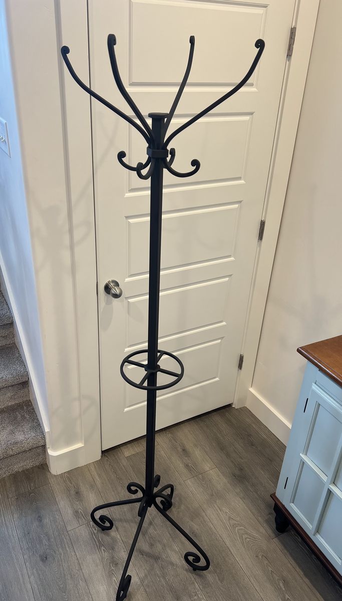Black wrought iron coat rack with umbrella holder | 72" tall