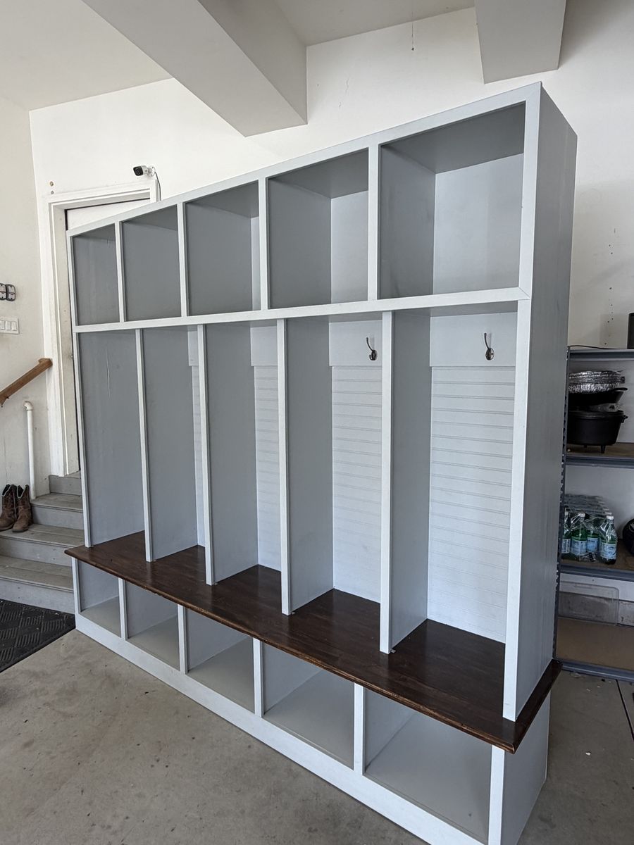 Large Custom Mudroom Locker Unit with Bench and Cubbies - Grey & Dark Wood