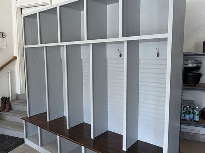 Large Custom Mudroom Locker Unit with Bench and Cubbies - Grey & Dark Wood