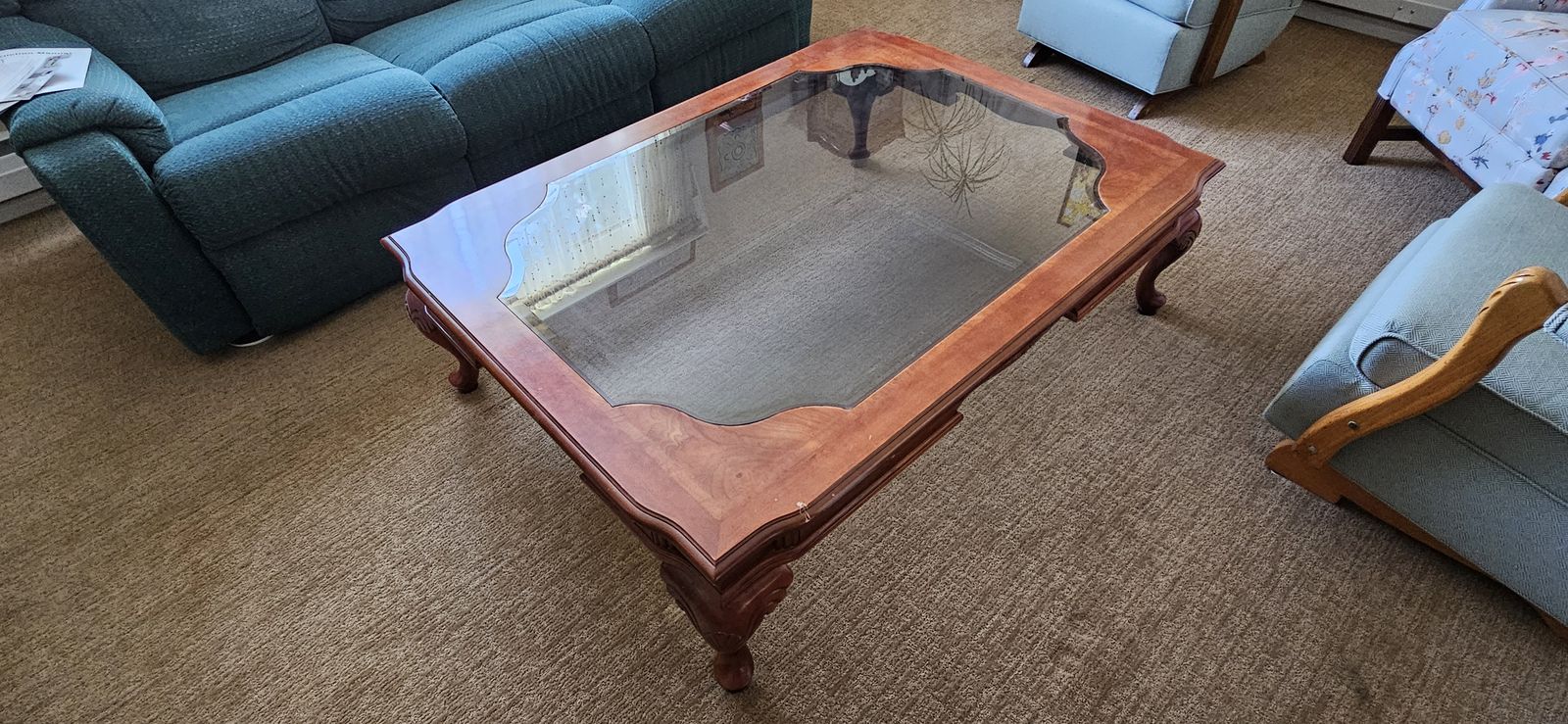 Ornate Wood Coffee Table with Glass Top - Carved Legs & Details
