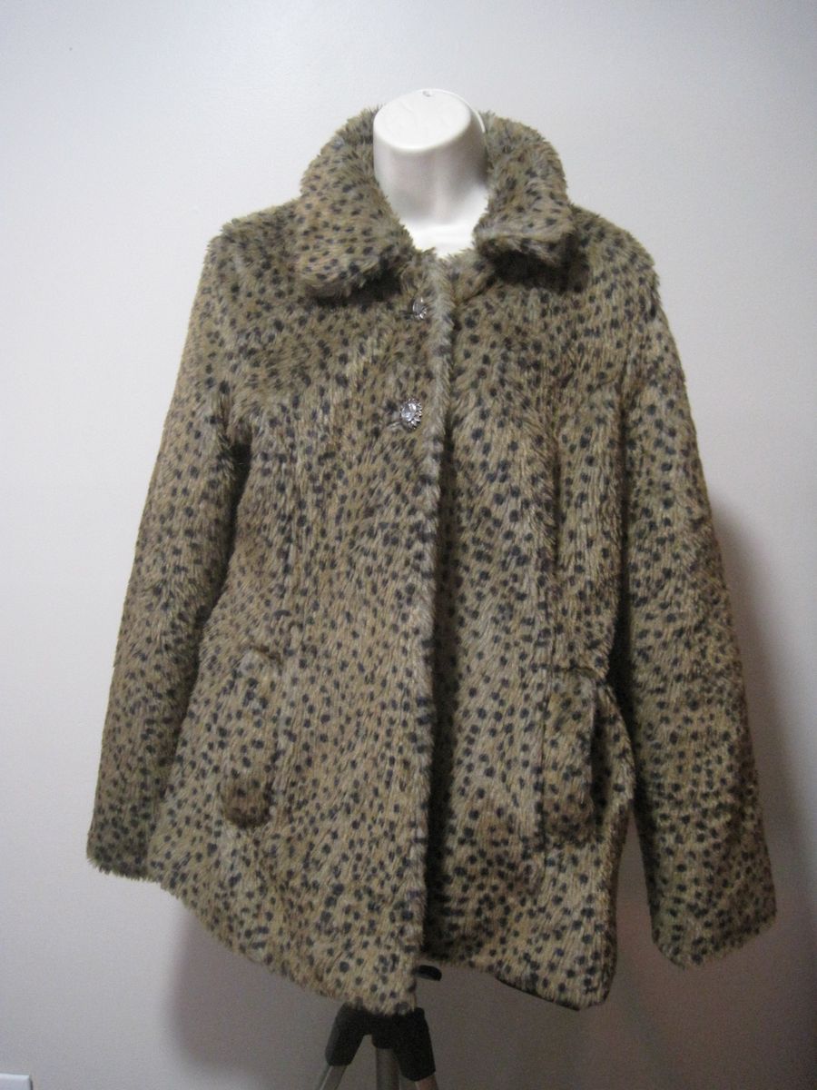 Paris Blues Coat Women's Medium Leopard Faux Fur Polyester Open Front Pockets