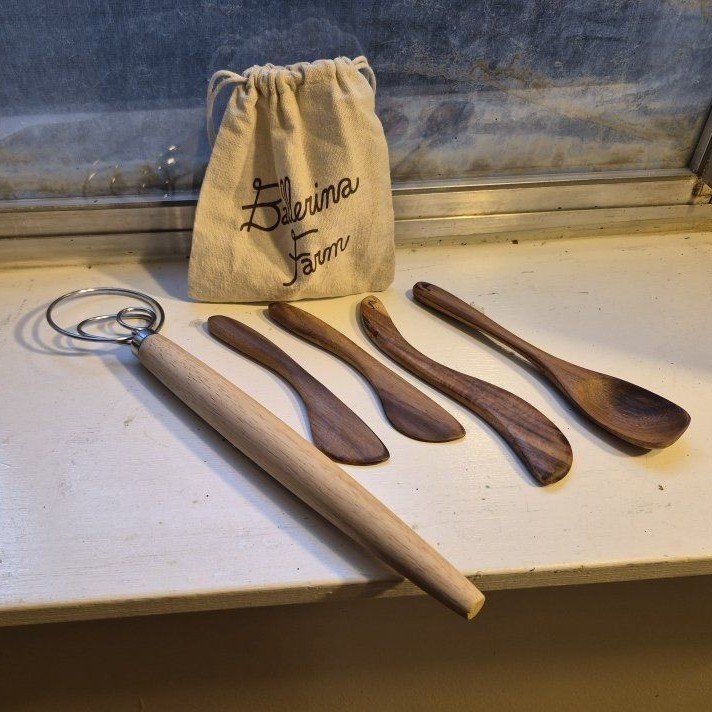 Wooden Spoon & Dough Hook Set - Baking & Cooking Utensils