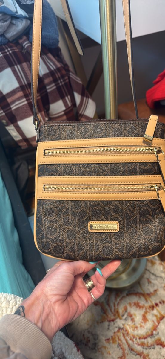 Calvin Klein Brown Monogram Multi-Zip Crossbody Bag