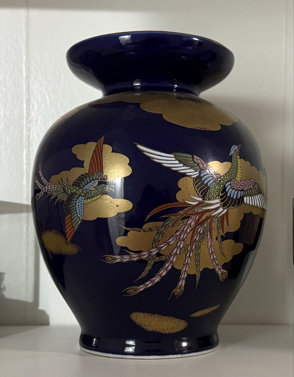 Vintage Japanese Blue Ceramic Vase with Gold and Bird Details