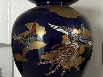 Vintage Japanese Blue Ceramic Vase with Gold and Bird Details