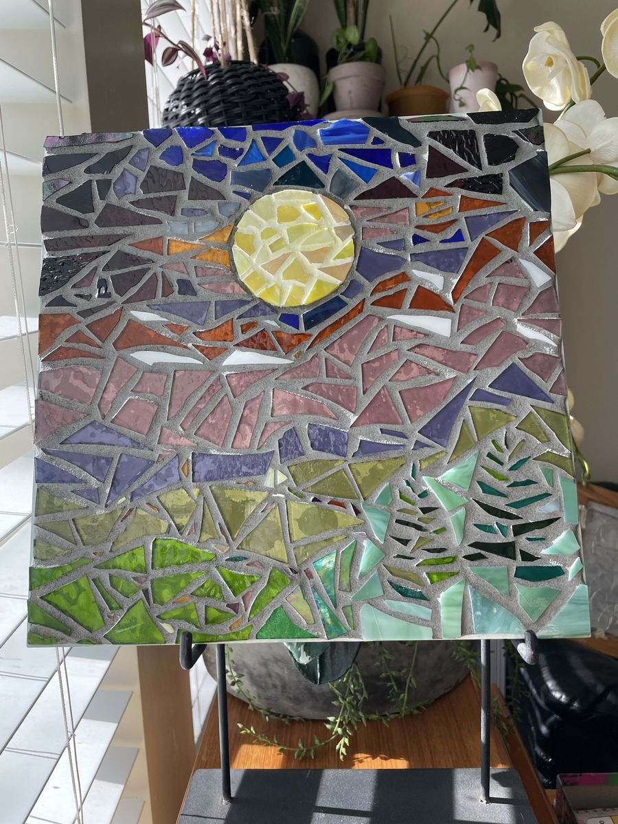 Full moon mosaic stained glass wall art
