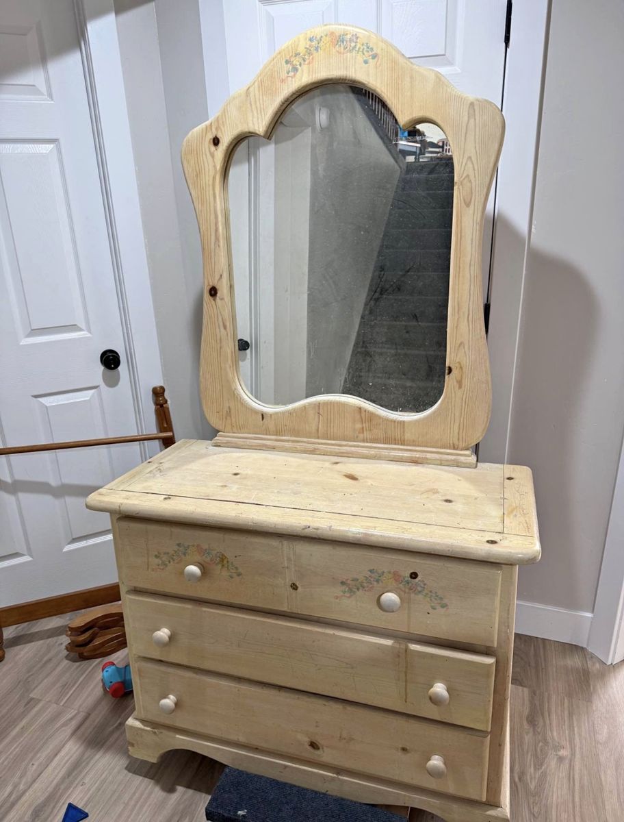 Solid Pine Wooden Dresser with Attached Mirror and Matching Headboard