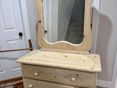 Solid Pine Wooden Dresser with Attached Mirror and Matching Headboard
