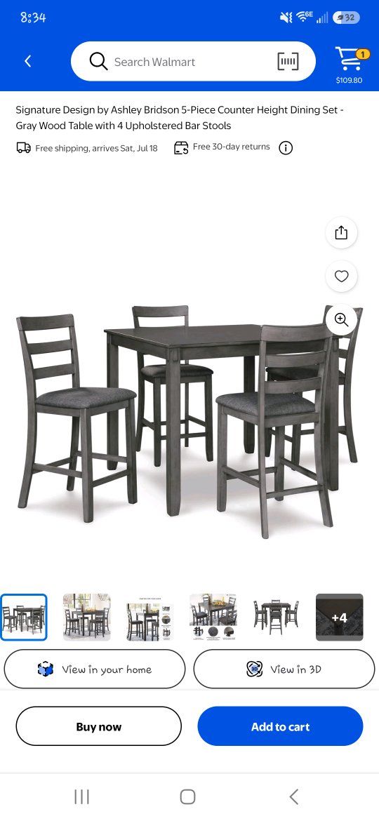 Ashley Bridson 5-Piece Counter Height Dining Set - Gray Wood Table with 4 Upholstered Bar Stools