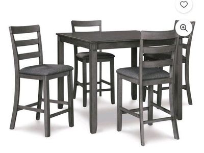 Ashley Bridson 5-Piece Counter Height Dining Set - Gray Wood Table with 4 Upholstered Bar Stools
