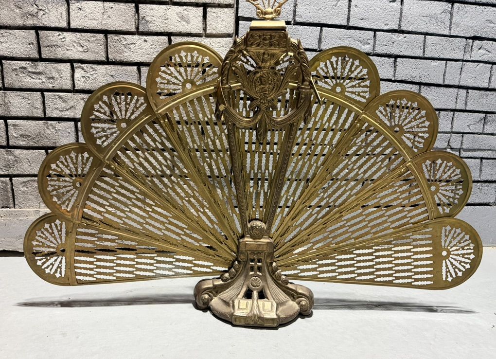 Vintage Brass Peacock Fireplace Fan Screen
