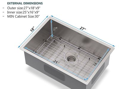 NEW 27"x18"x9" Undermount Kitchen Sink, Stainless Steel Round Corner Single Bowl