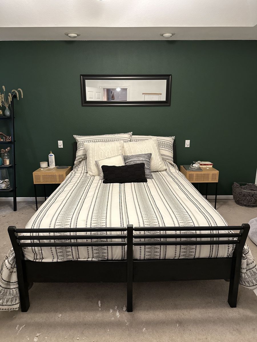 Black Wood/Metal Queen Bed Frame - Modern Slat Style