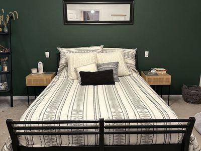 Black Wood/Metal Queen Bed Frame - Modern Slat Style