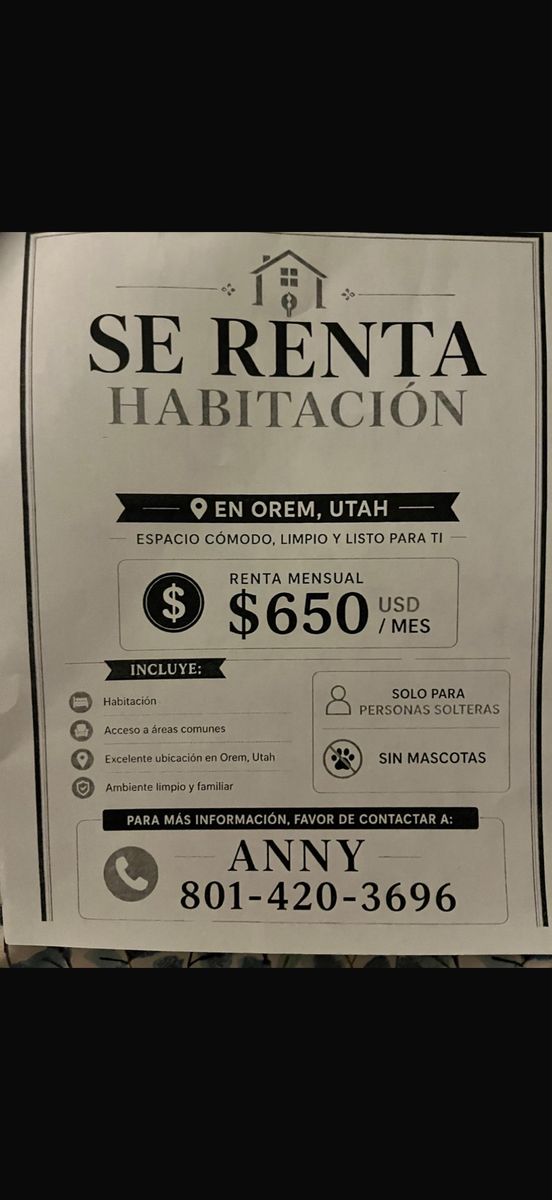 Habitación en Renta Orem Utah - $650/m