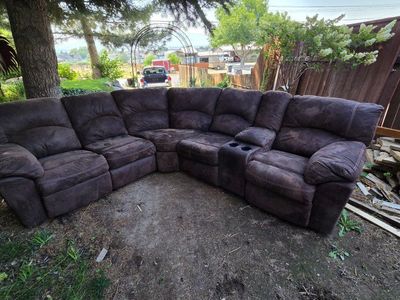 Brown Microfiber Reclining Sectional Sofa couch with Storage Console & Cup Holders