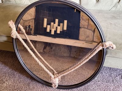 Large Round Wall Mirror with Rope Hanger - Industrial/Rustic Decor, Black Frame